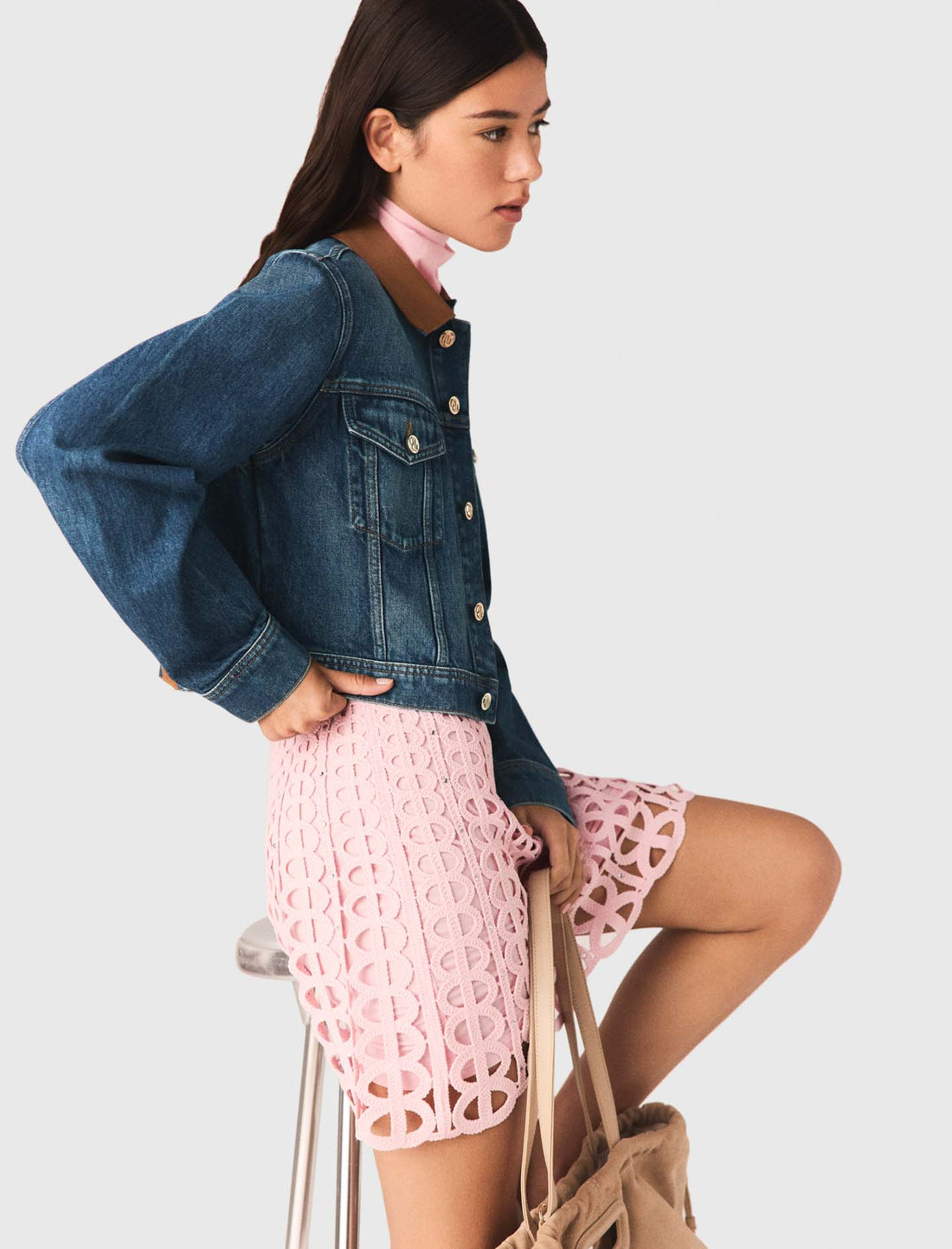 Chaqueta denim con cuello de cuero