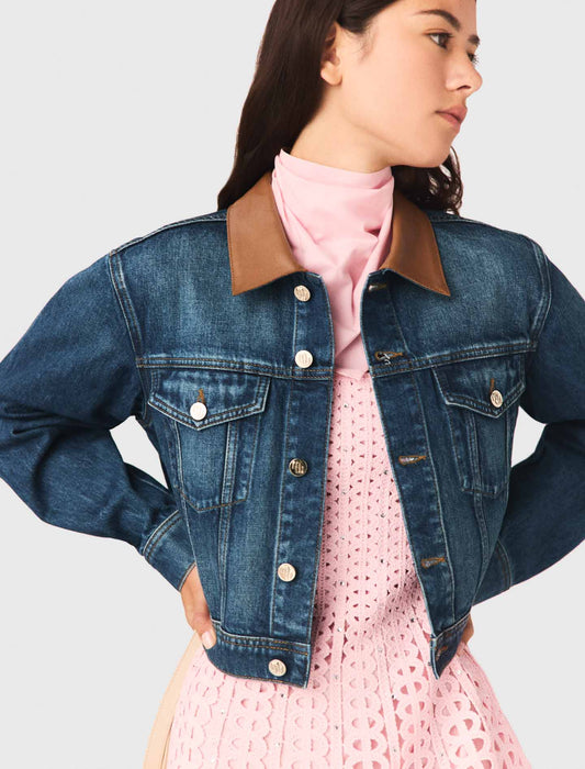 Chaqueta denim con cuello de cuero