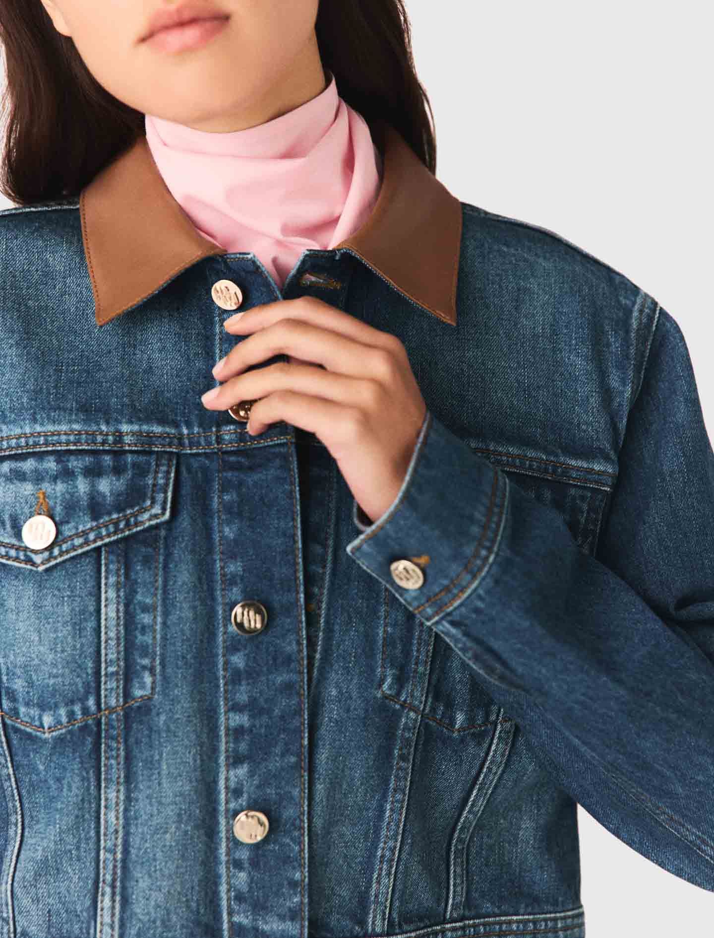 Chaqueta denim con cuello de cuero