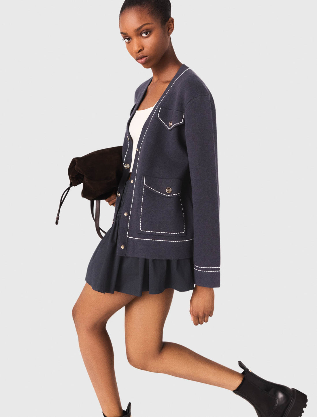 Cárdigan largo de punto pespunteado