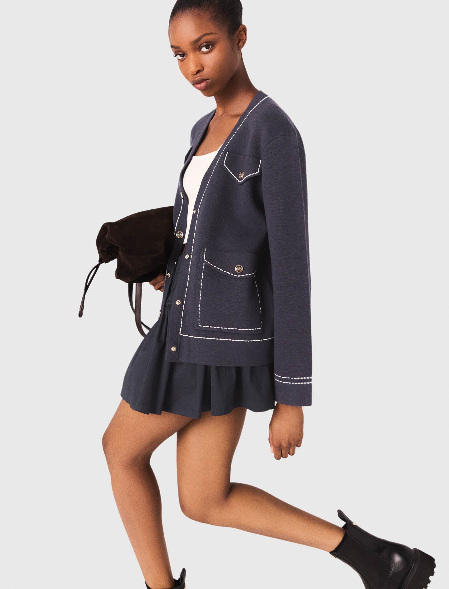 Cárdigan largo de punto pespunteado