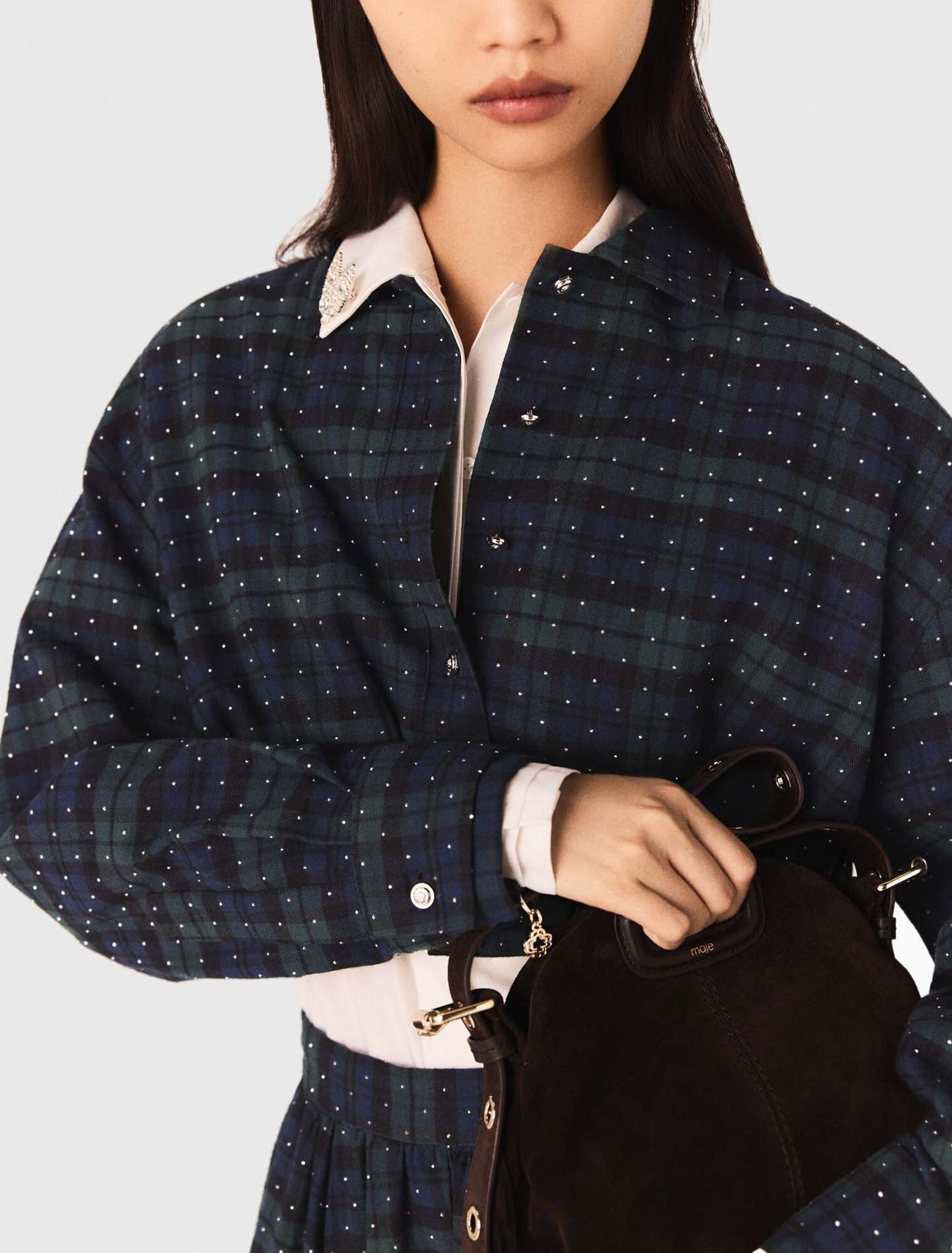 Camisa corta de cuadros con pedrería