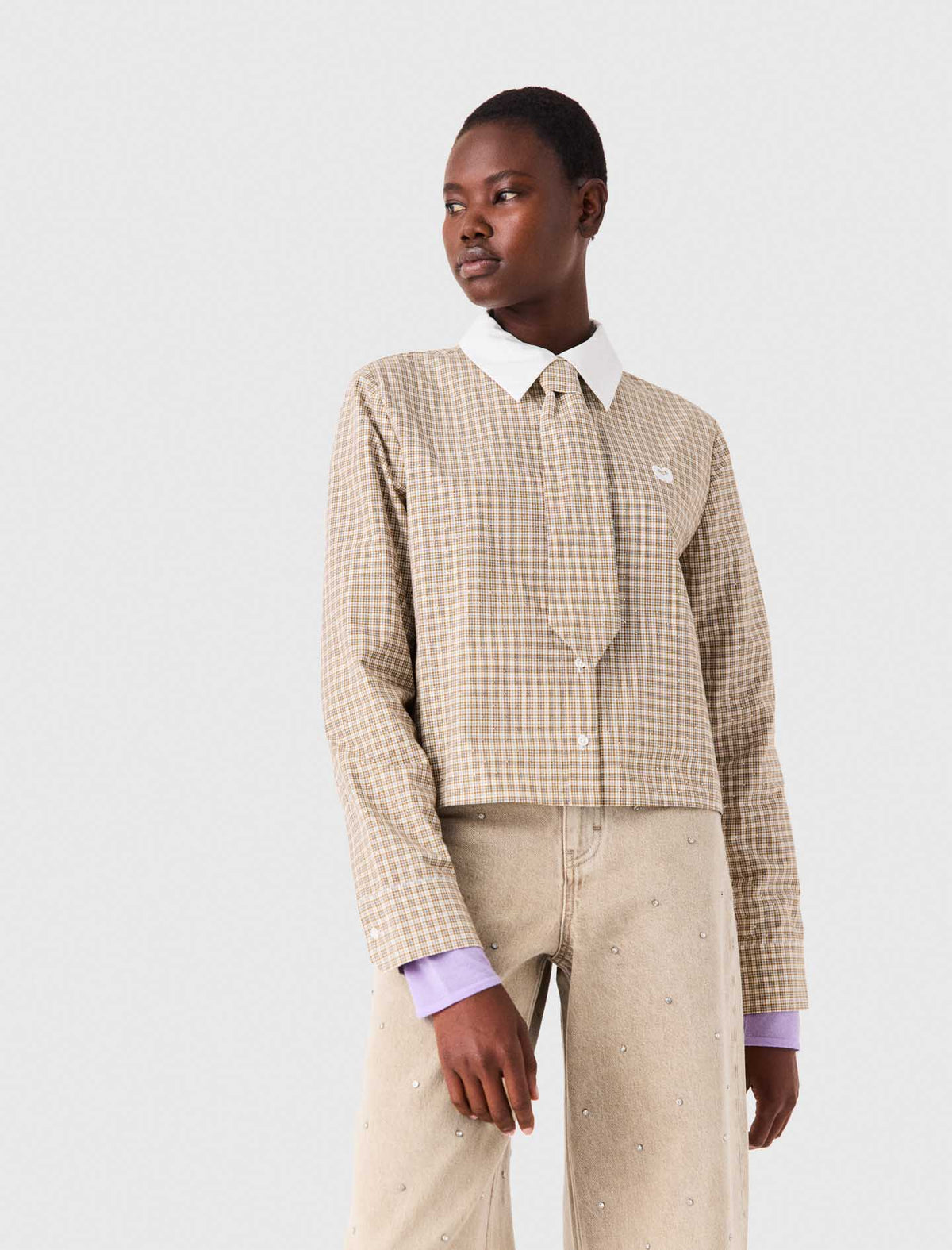 Camisa corta de cuadros con strass