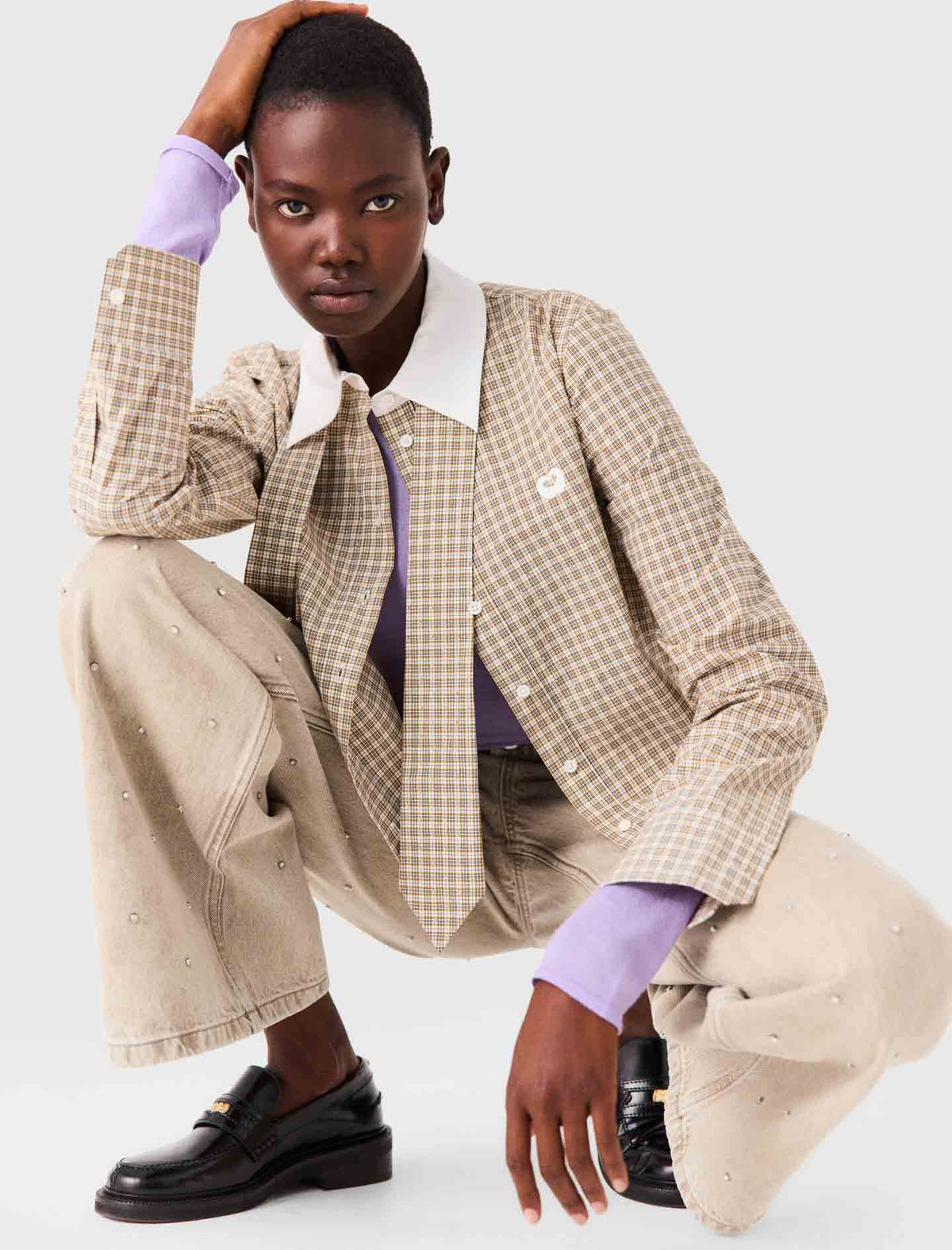 Camisa corta de cuadros con strass