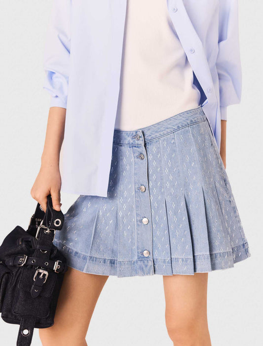 Falda plisada de denim con strass