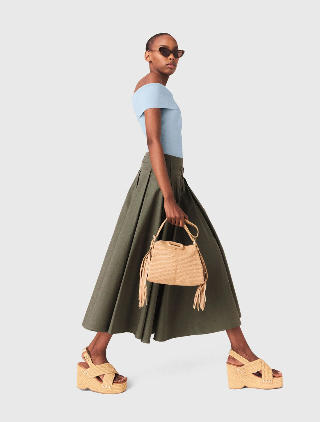 Falda larga con pliegues de algodón