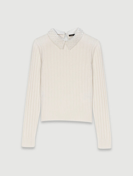 Jersey de canalé con cuello perlado