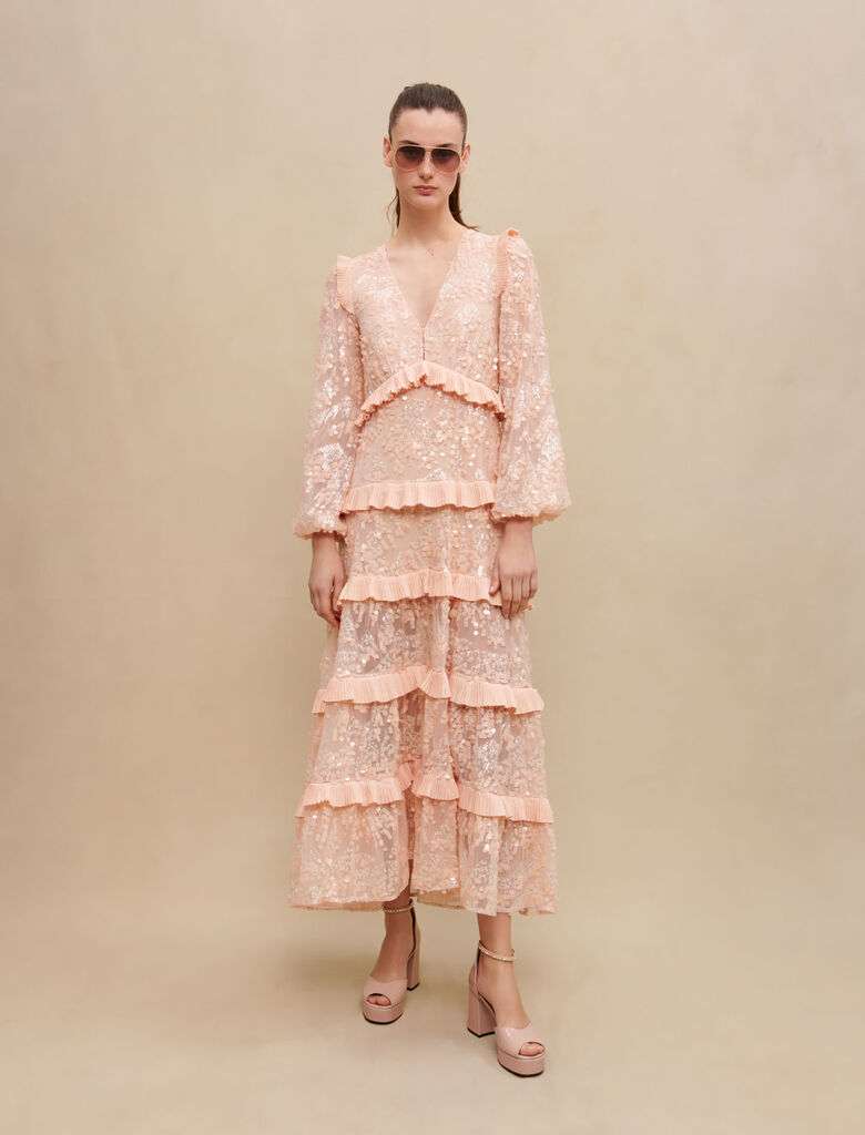 Vestido largo de volantes con lentejuelas