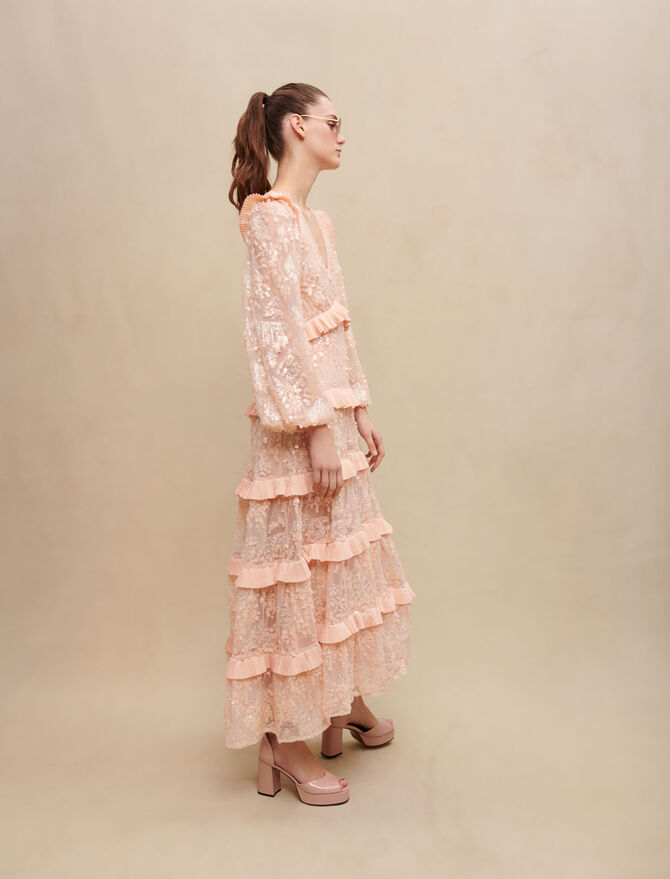 Vestido largo de volantes con lentejuelas