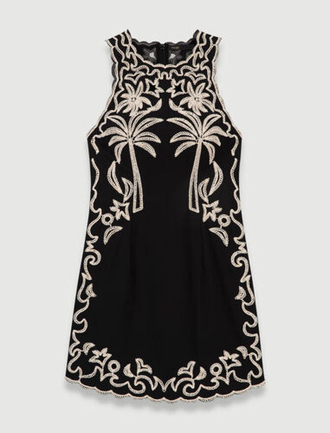Vestido corto con bordados de palmeras
