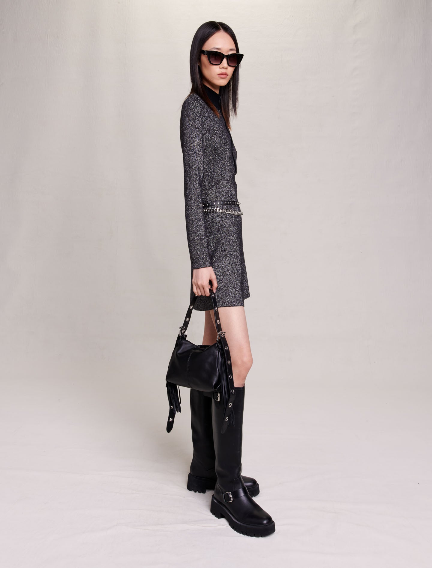 Vestido corto de punto y purpurina