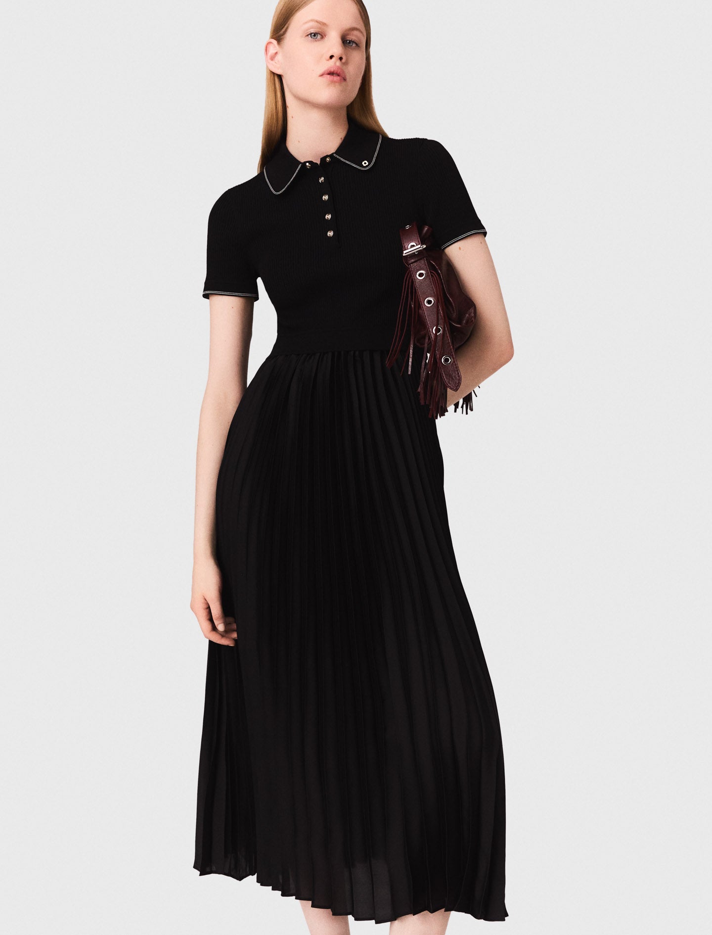 Vestido largo plisado cuello polo