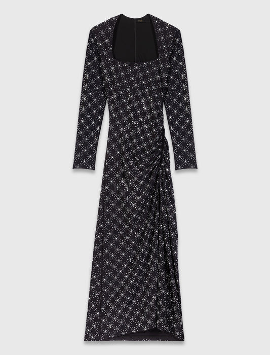 Vestido largo con perlas y strass