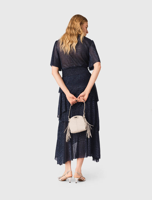 Vestido midi volantes metalizado