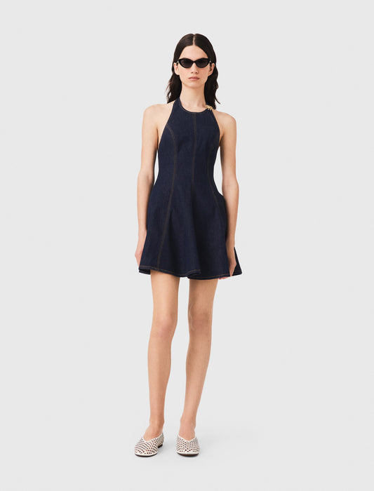 Vestido corto de denim con broche