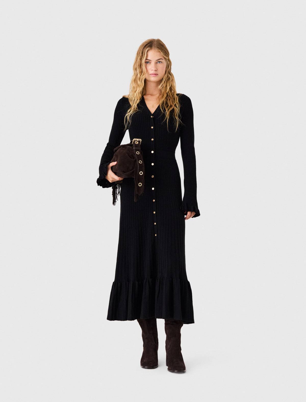 Vestido largo de punto con volantes