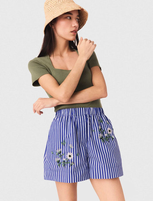 Short a rayas de algodón bordado