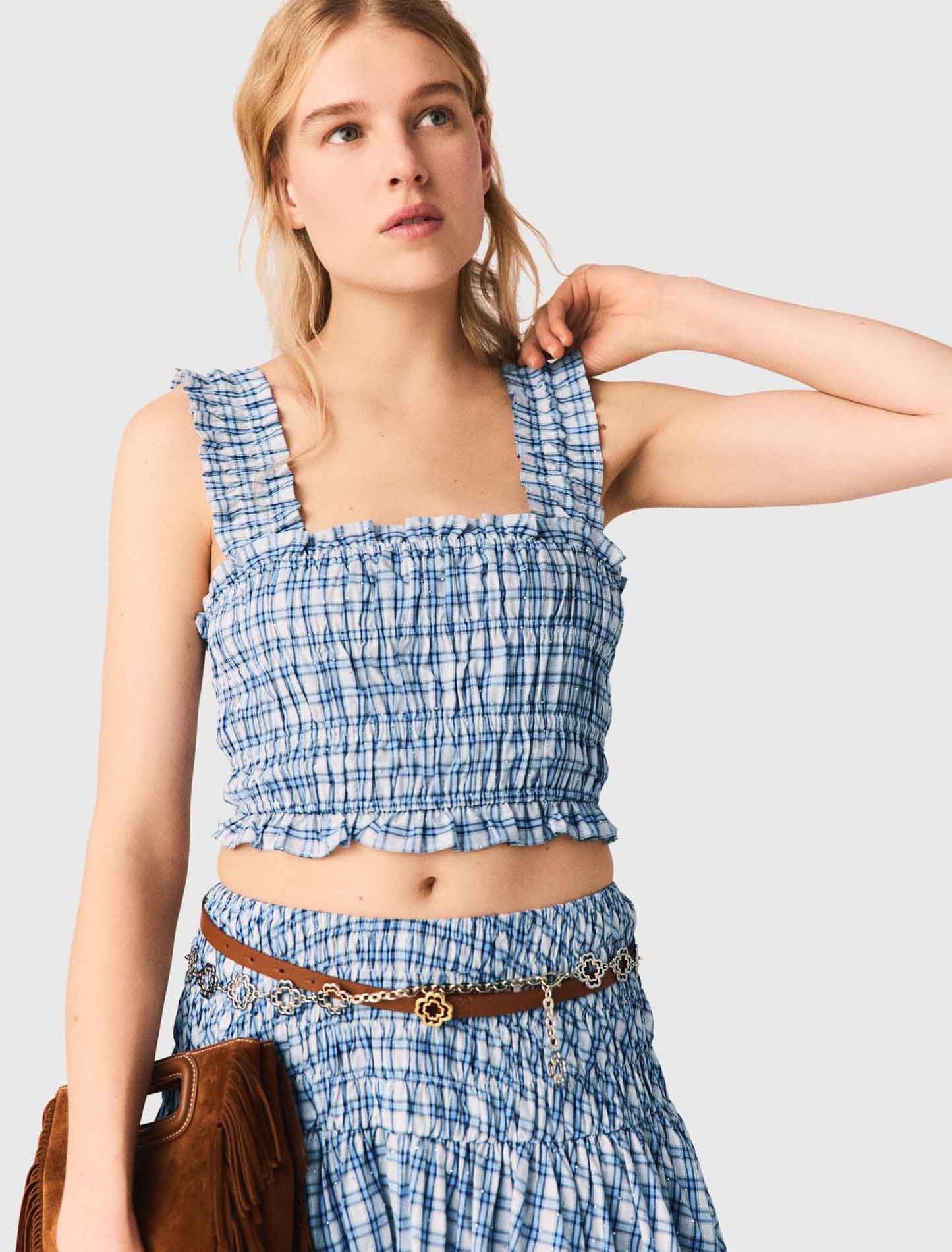 Top fruncido de algodón con strass