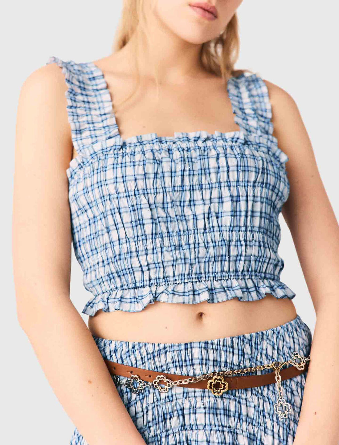 Top fruncido de algodón con strass