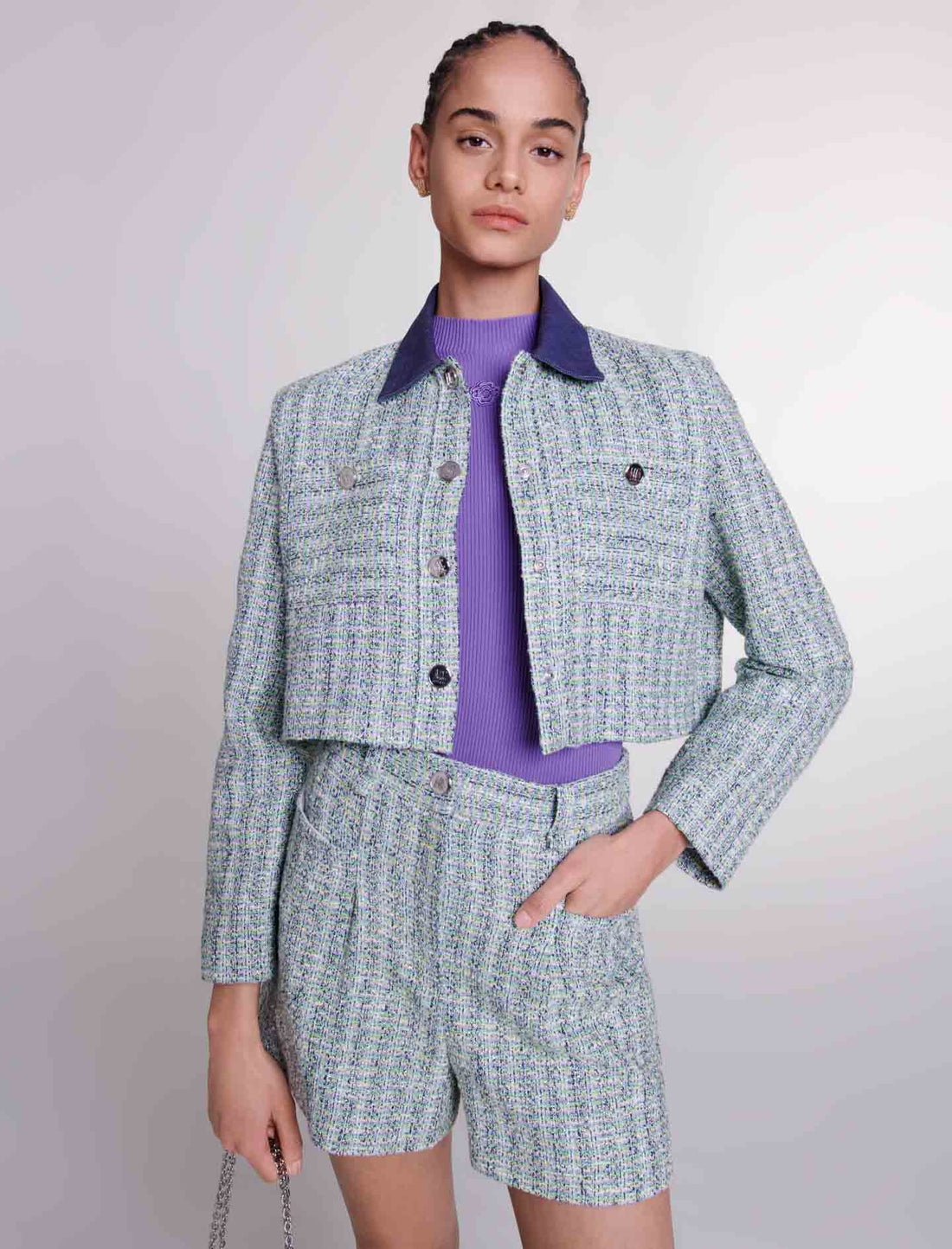 Chaqueta corta de tweed contrastada