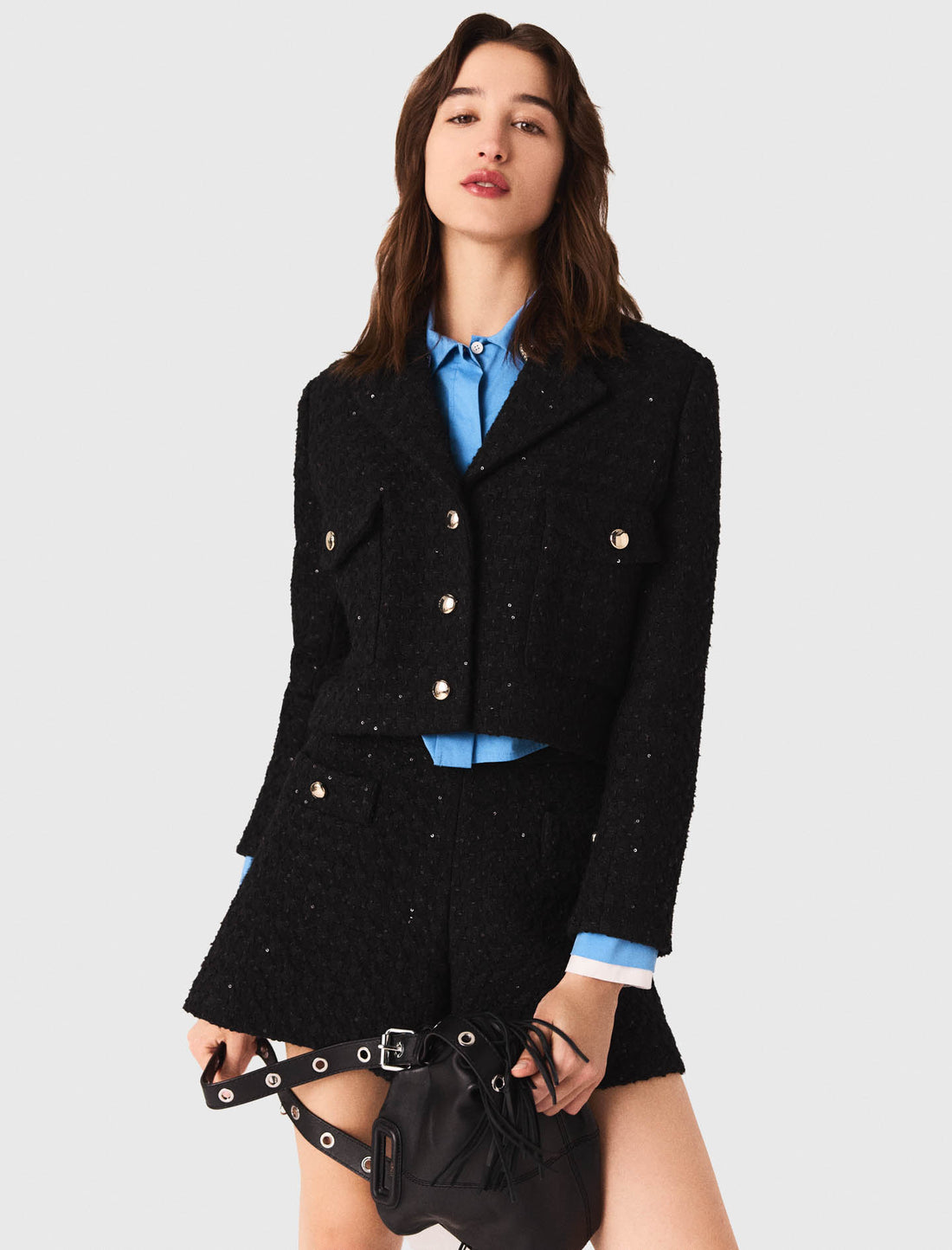 Chaqueta corta de tweed con strass