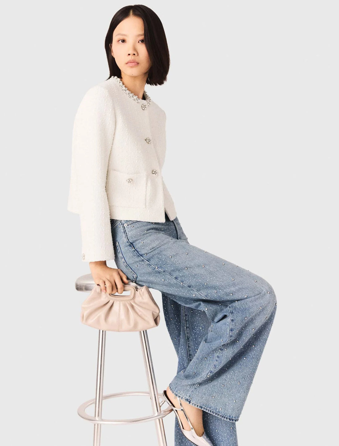 Chaqueta tweed con galón de perlas