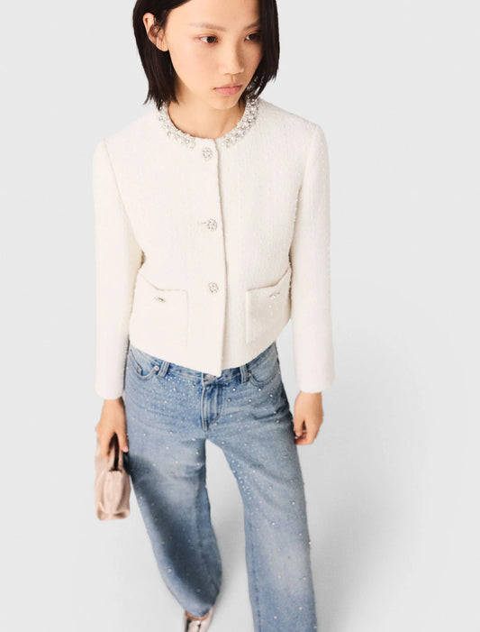 Chaqueta tweed con galón de perlas
