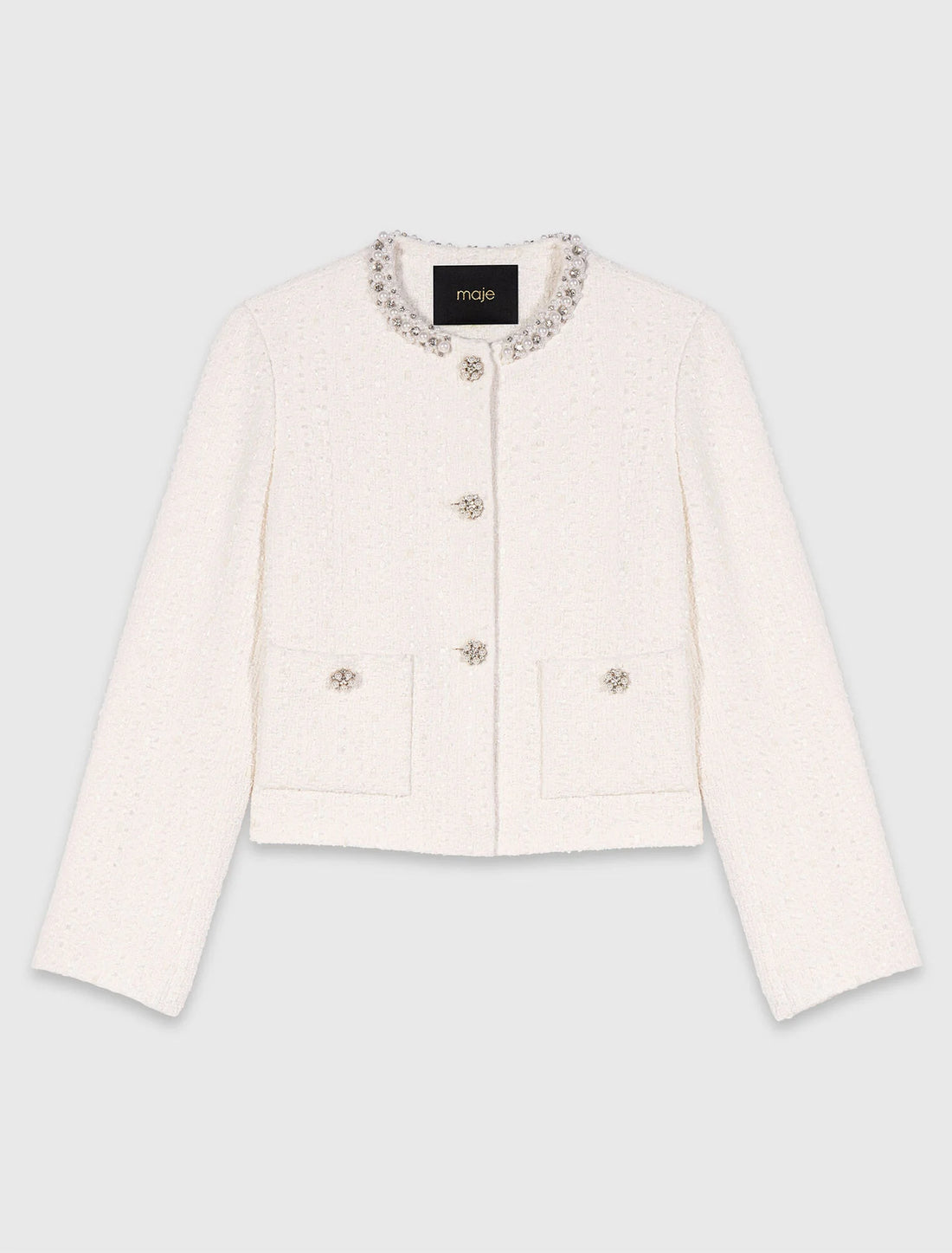 Chaqueta tweed con galón de perlas