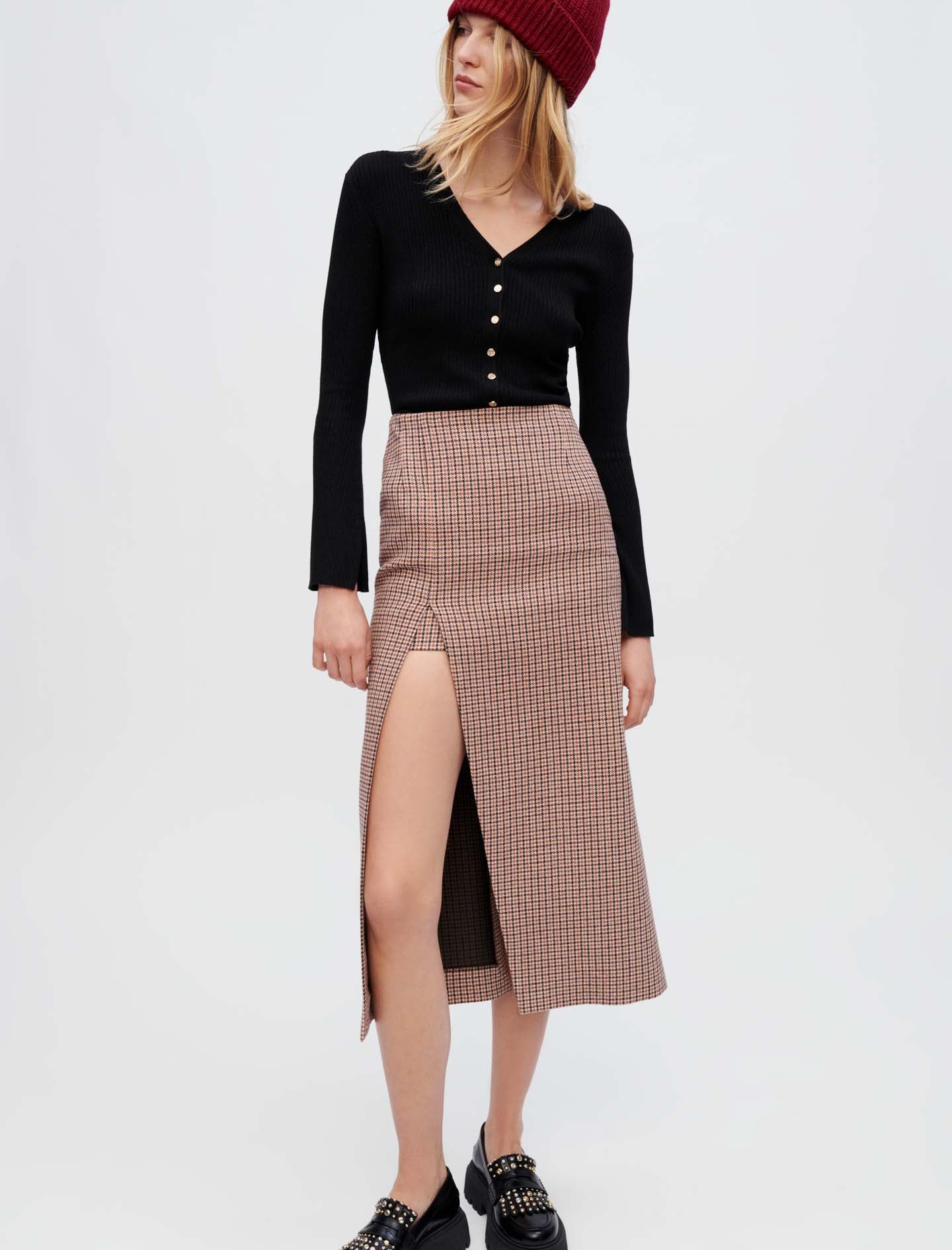 Falda midi abierta de pata de gallo