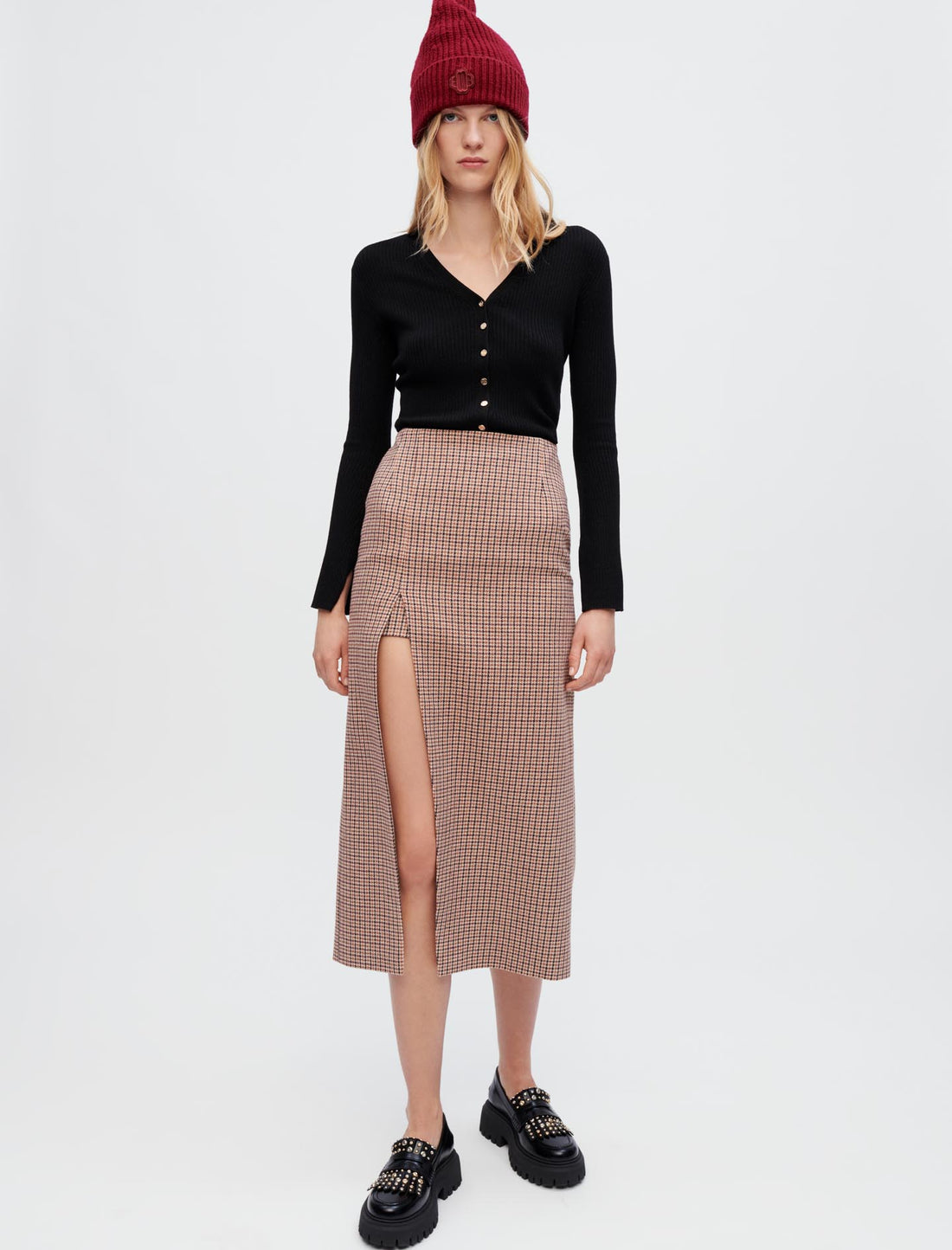 Falda midi abierta de pata de gallo