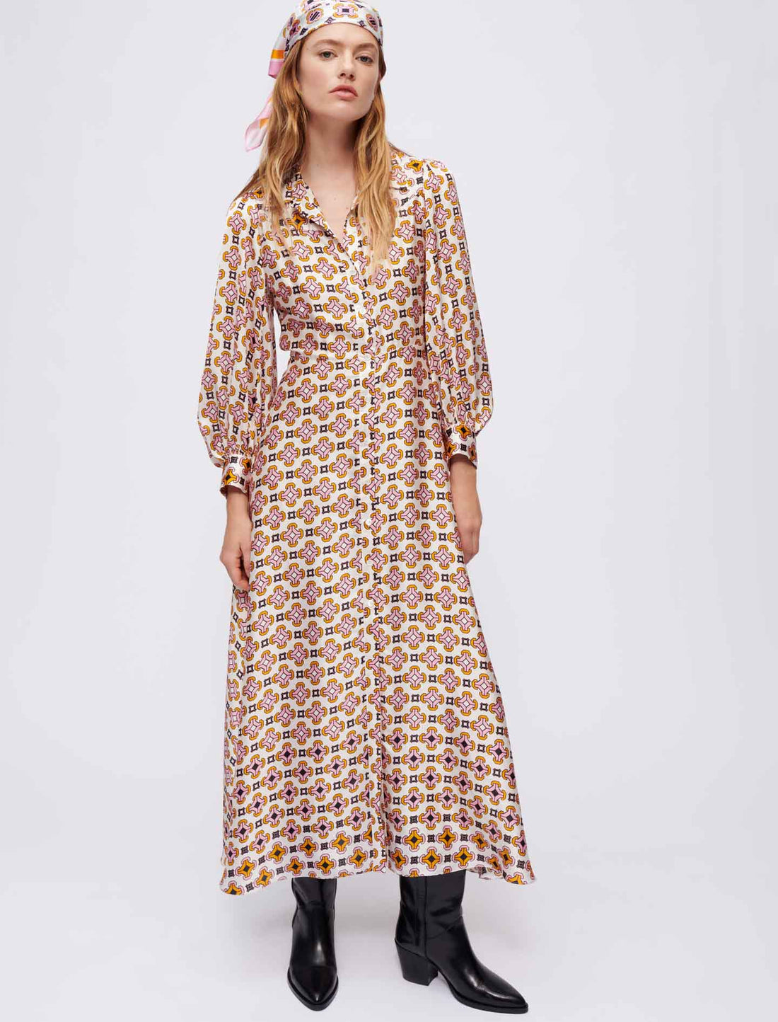 Vestido camisero de raso estampado