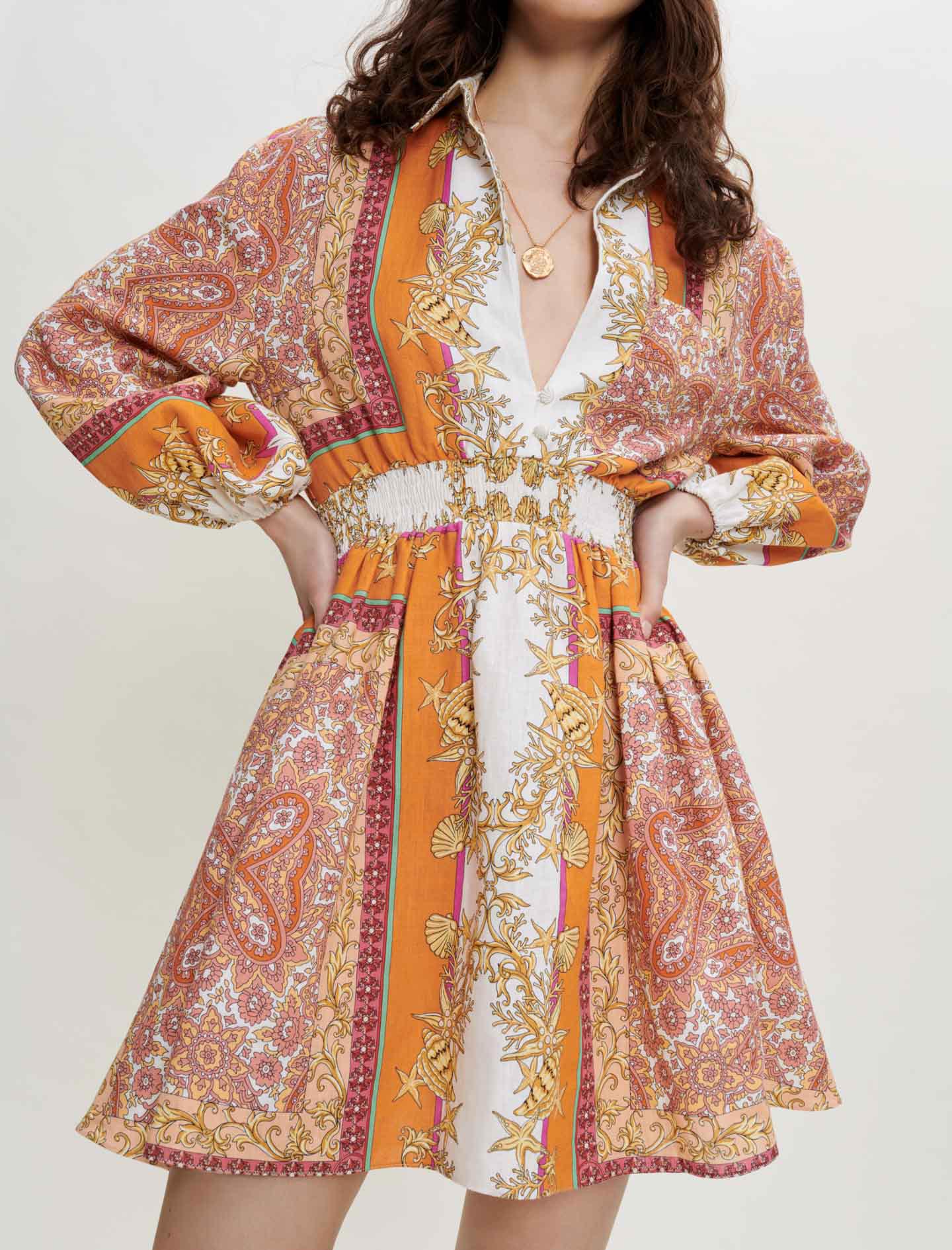 Vestido camisero de lino estampado